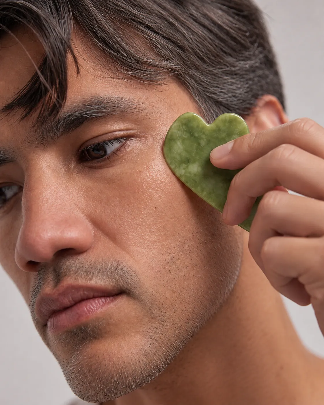 Avatar using the gua sha on their face, close-up