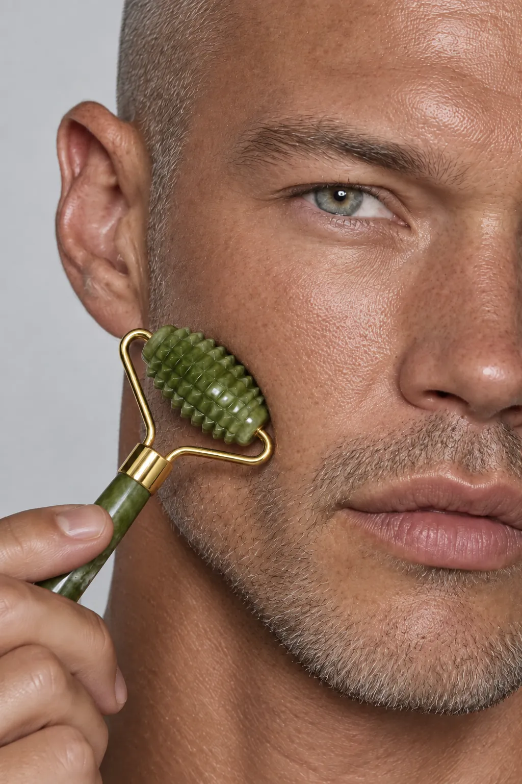 Man using the jade roller on his face, close-up