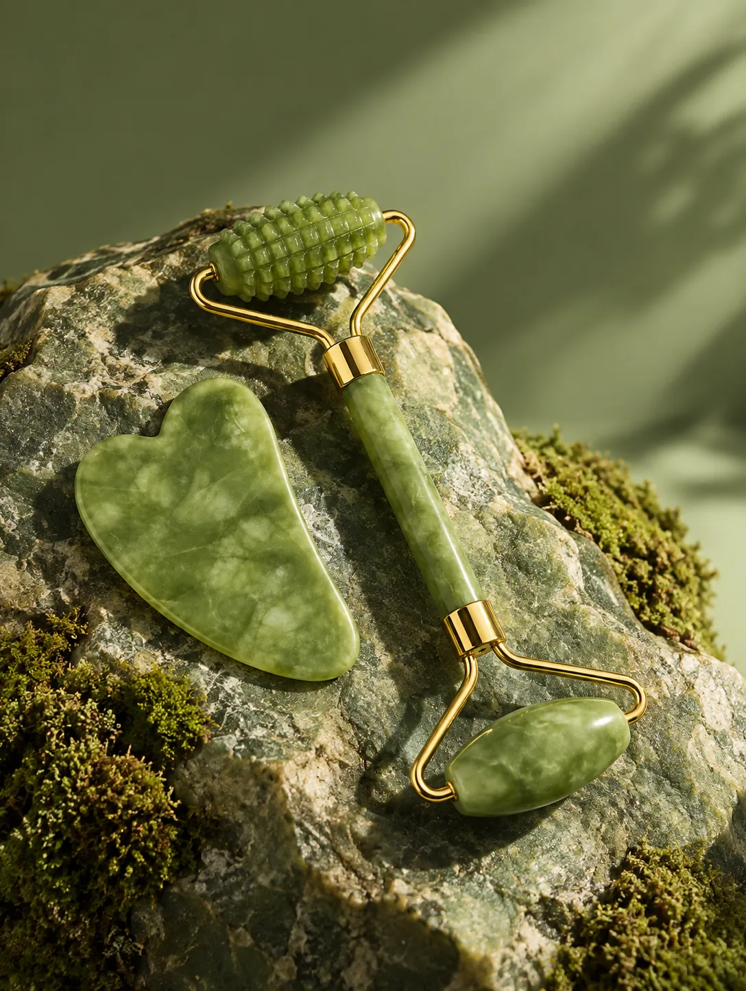 Man using the jade roller and gua sha on his face as part of a daily skincare ritual
