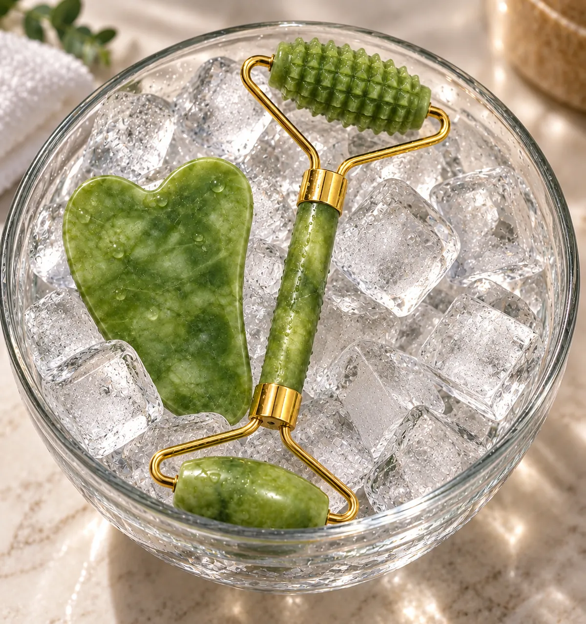 The jade roller and gua sha ritual set styled on a stone surface